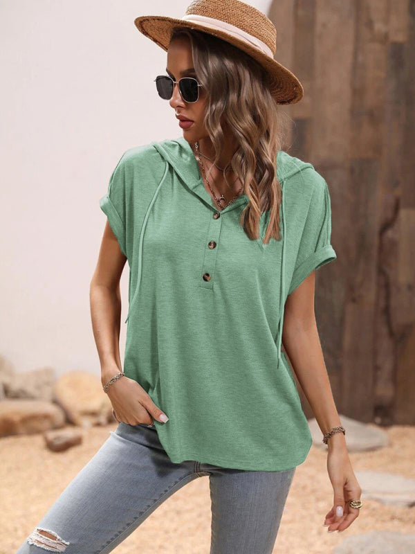 T-shirt- Stylish Hooded Pullover Top with Button Detail for Women- - Pekosa Women Clothing