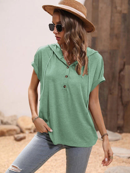 T-shirt- Stylish Hooded Pullover Top with Button Detail for Women- - Pekosa Women Clothing