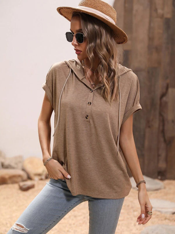 T-shirt- Stylish Hooded Pullover Top with Button Detail for Women- - Pekosa Women Clothing