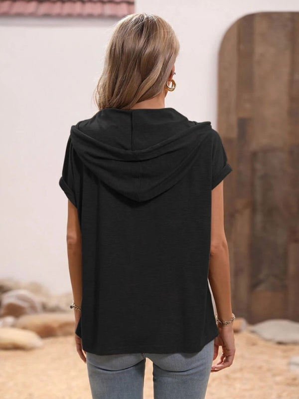 T-shirt- Stylish Hooded Pullover Top with Button Detail for Women- - Pekosa Women Clothing