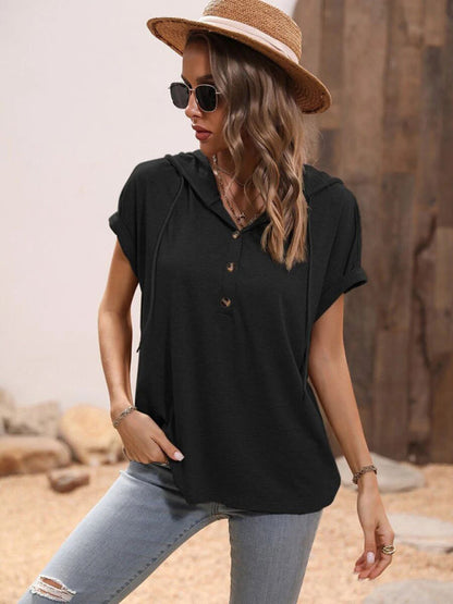 T-shirt- Stylish Hooded Pullover Top with Button Detail for Women- - Pekosa Women Clothing