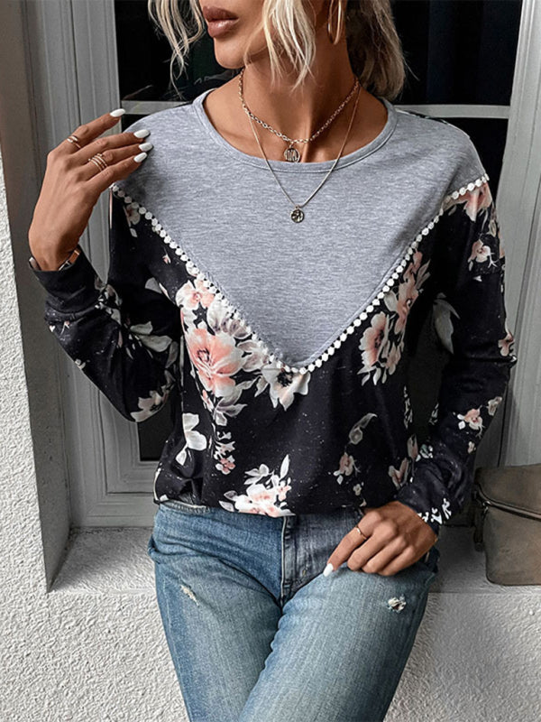 T-shirts- Floral Color Block Sweatshirt - Pom Pom Round Neck, Long Sleeve Top- - Pekosa Women Clothing