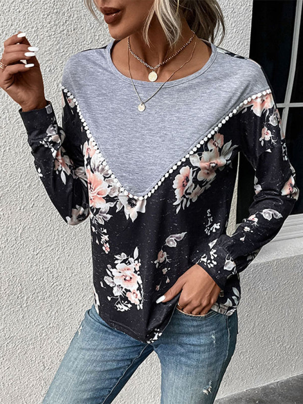 T-shirts- Floral Color Block Sweatshirt - Pom Pom Round Neck, Long Sleeve Top- - Pekosa Women Clothing