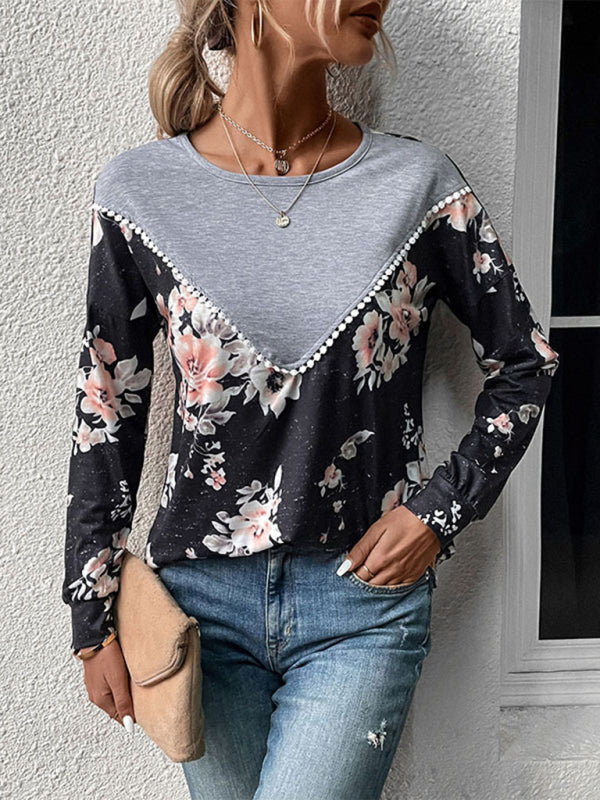 T-shirts- Floral Color Block Sweatshirt - Pom Pom Round Neck, Long Sleeve Top- Charcoal grey- Pekosa Women Clothing