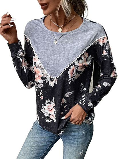 T-shirts- Floral Color Block Sweatshirt - Pom Pom Round Neck, Long Sleeve Top- - Pekosa Women Clothing