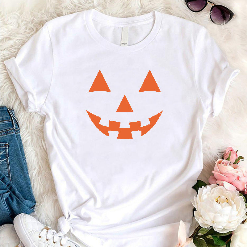 T-shirts- Halloween Spooky Pumpkin Ghost Print Short Sleeve T-Shirt- White- Pekosa Women Clothing