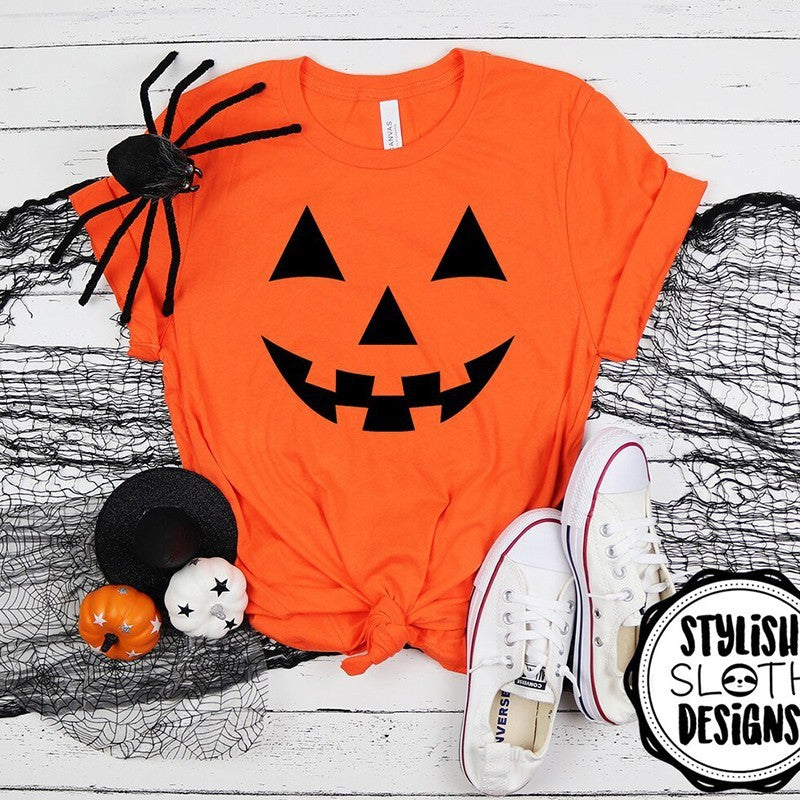 T-shirts- Halloween Spooky Pumpkin Ghost Print Short Sleeve T-Shirt- Orange- Pekosa Women Clothing