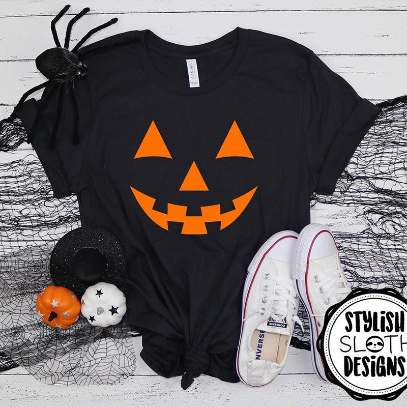 T-shirts- Halloween Spooky Pumpkin Ghost Print Short Sleeve T-Shirt- Black- Pekosa Women Clothing