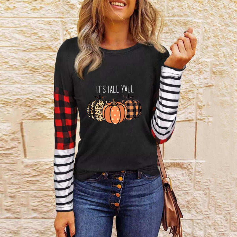 T-shirts- Halloween Spooky Pumpkin Print Long Sleeve T-Shirt- Suit 5- Pekosa Women Clothing