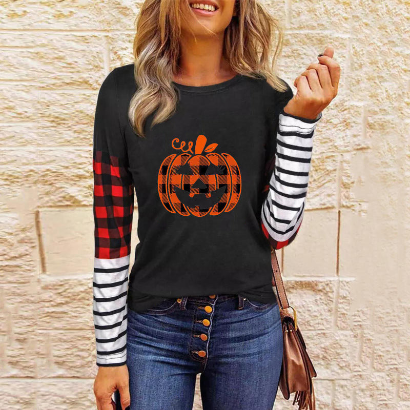 T-shirts- Halloween Spooky Pumpkin Print Long Sleeve T-Shirt- Pattern1- Pekosa Women Clothing