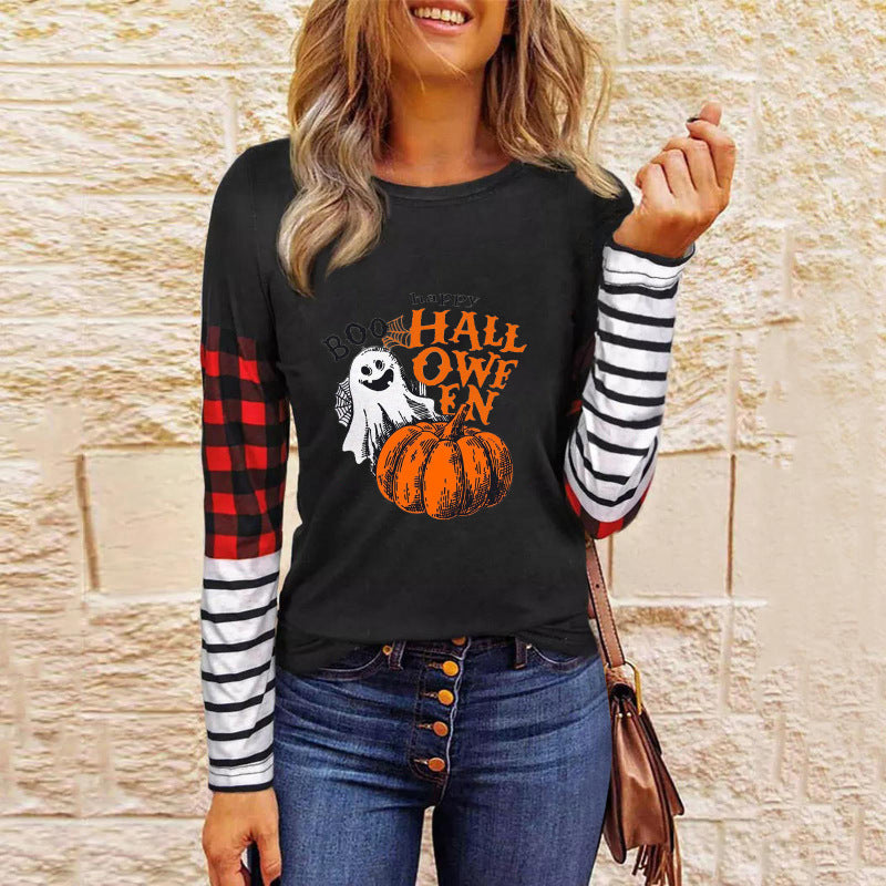 T-shirts- Halloween Spooky Pumpkin Print Long Sleeve T-Shirt- Suit 9- Pekosa Women Clothing