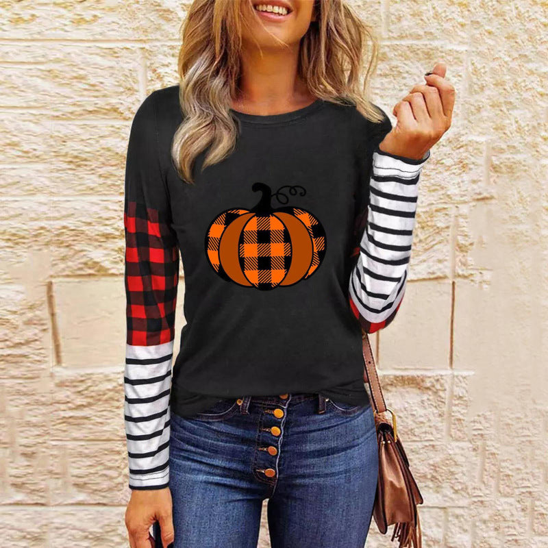 T-shirts- Halloween Spooky Pumpkin Print Long Sleeve T-Shirt- Suit 7- Pekosa Women Clothing