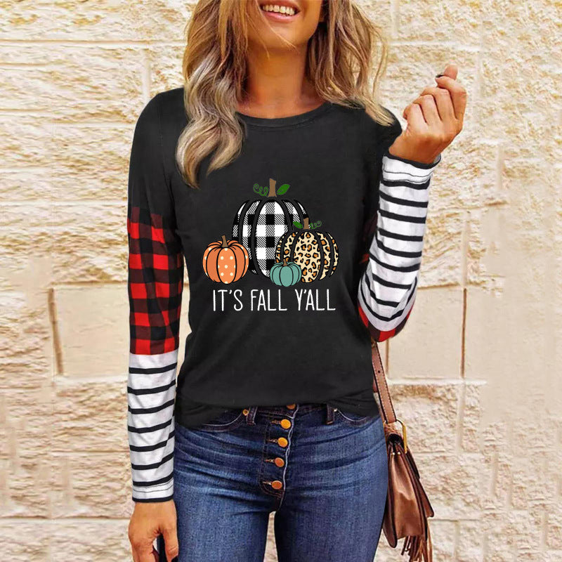 T-shirts- Halloween Spooky Pumpkin Print Long Sleeve T-Shirt- Pattern2- Pekosa Women Clothing