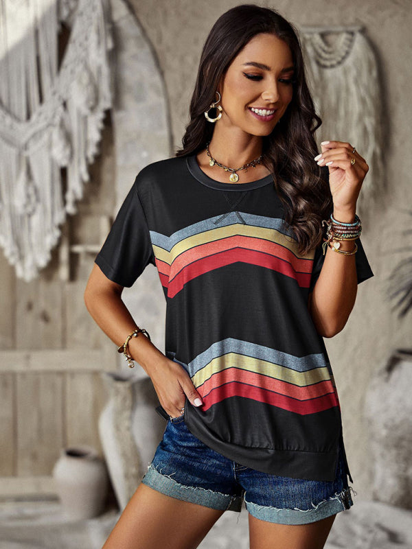 T-shirts- Rainbow Stripe Print Short Sleeve T-Shirt- - Pekosa Women Clothing