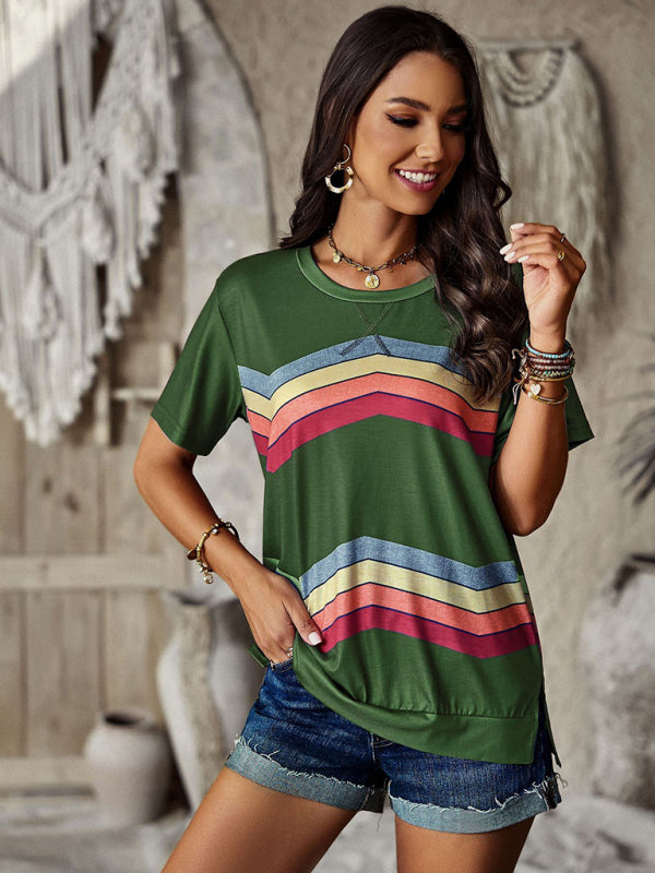 T-shirts- Rainbow Stripe Print Short Sleeve T-Shirt- - Pekosa Women Clothing
