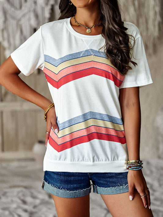 T-shirts- Rainbow Stripe Print Short Sleeve T-Shirt- White- Pekosa Women Clothing