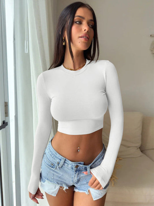 T-shirts- Solid Long Sleeve Crop Top | Crew Neck Tee- White- Pekosa Women Clothing