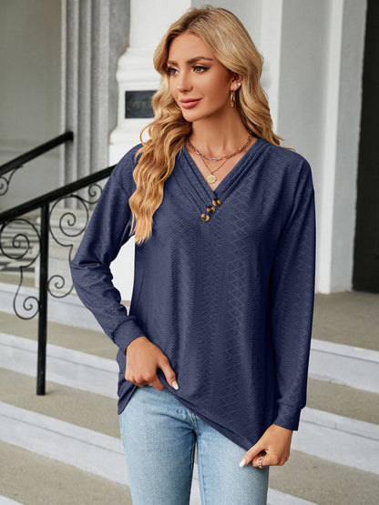 T-shirts- Textured V Neck Long Sleeve Tee with Buttons Appliqué- - Pekosa Women Clothing