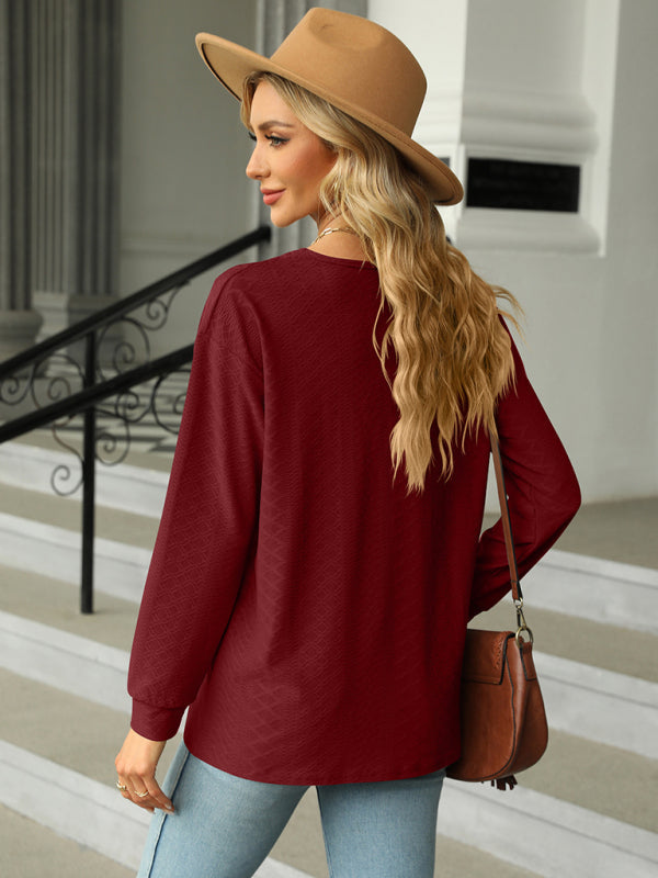 T-shirts- Textured V Neck Long Sleeve Tee with Buttons Appliqué- - Pekosa Women Clothing