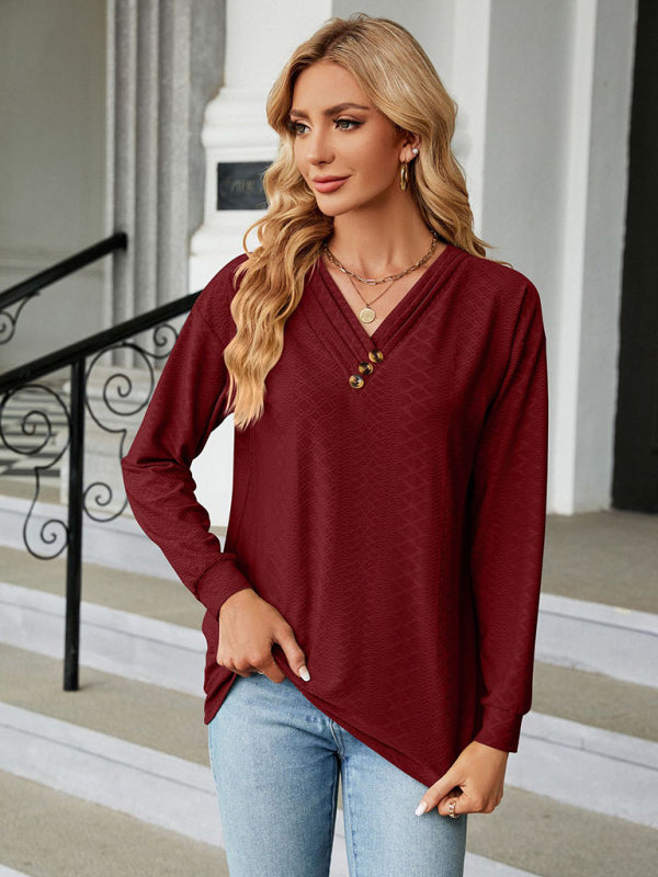 T-shirts- Textured V Neck Long Sleeve Tee with Buttons Appliqué- - Pekosa Women Clothing