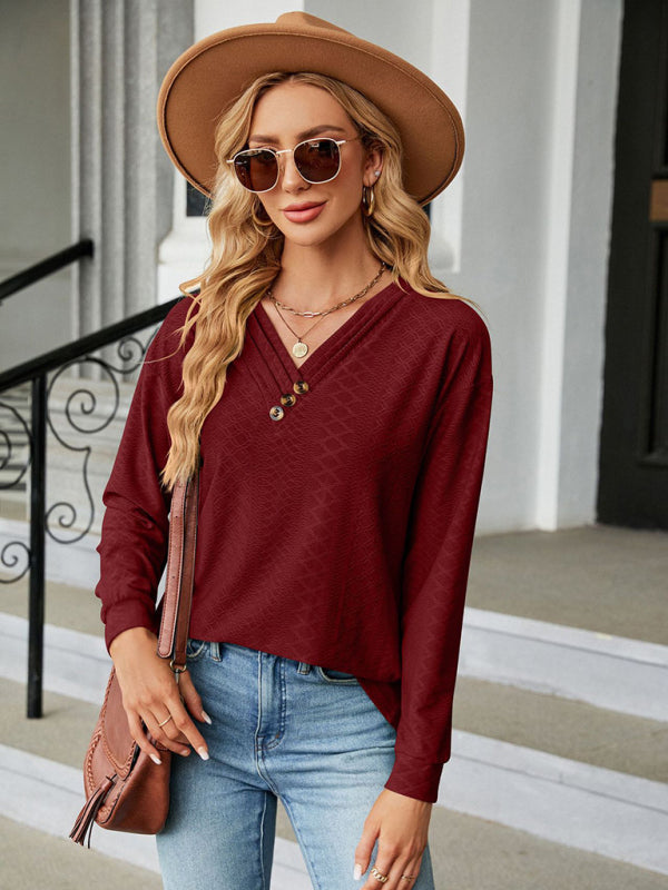 T-shirts- Textured V Neck Long Sleeve Tee with Buttons Appliqué- Wine Red- Pekosa Women Clothing