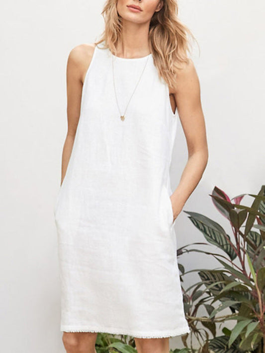 Tank Dresses- Solid Cotton-Linen Tank Dress with Pockets- White- Pekosa Women Clothing