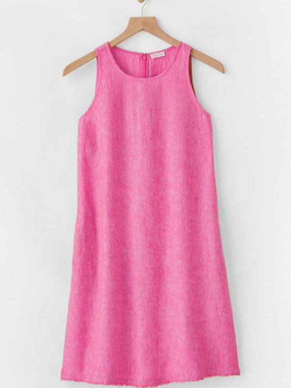 Tank Dresses- Solid Cotton-Linen Tank Dress with Pockets- Pink- Pekosa Women Clothing