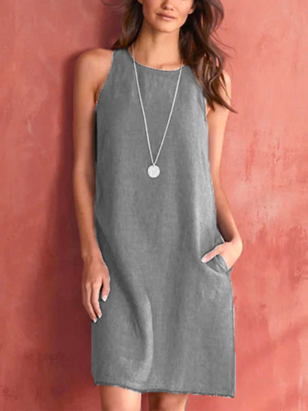 Tank Dresses- Solid Cotton-Linen Tank Dress with Pockets- Grey- Pekosa Women Clothing