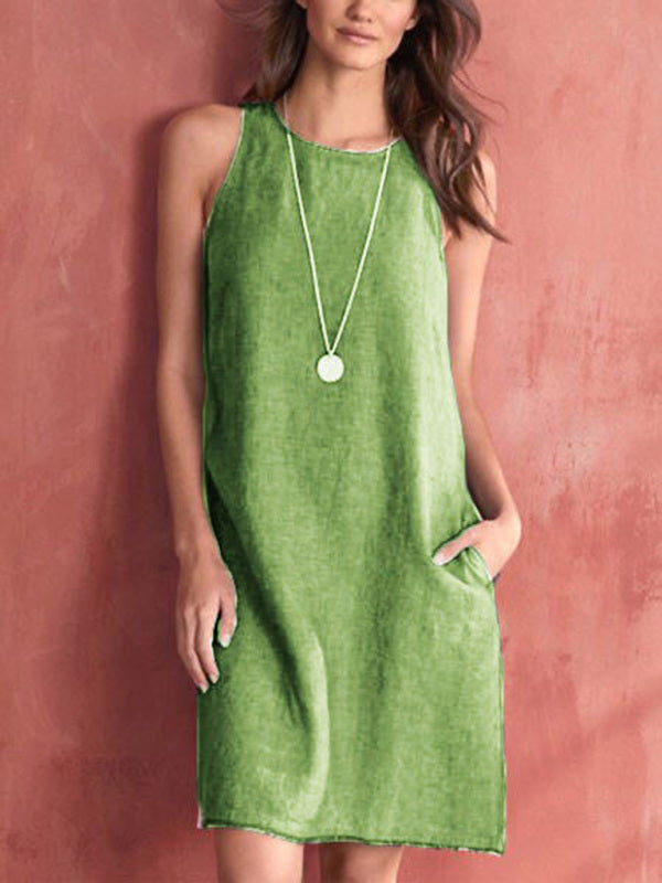 Tank Dresses- Solid Cotton-Linen Tank Dress with Pockets- Green- Pekosa Women Clothing