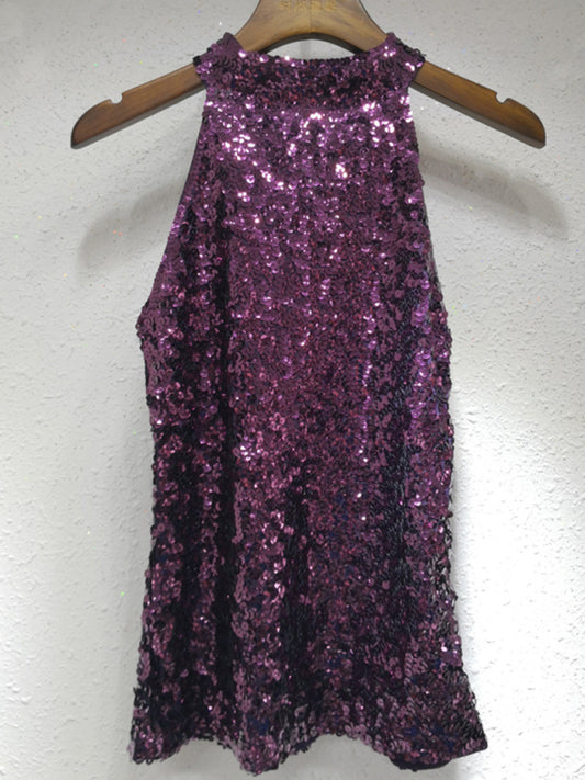 Tank Tops- Festive Night Out Sequin Tank Top | Glitter Sleeveless Halter Blouse- Purple- Pekosa Women Clothing