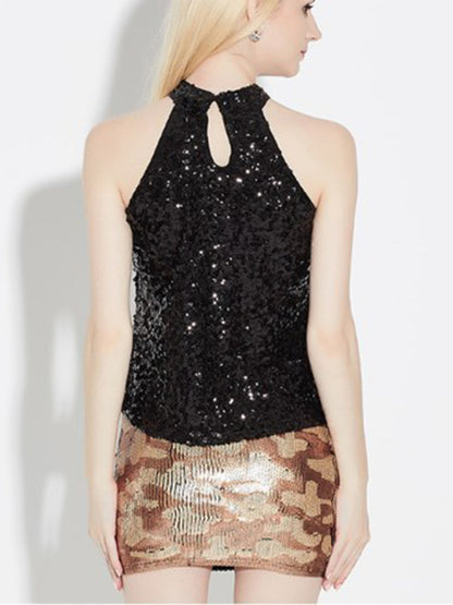 Tank Tops- Festive Night Out Sequin Tank Top | Glitter Sleeveless Halter Blouse- - Pekosa Women Clothing