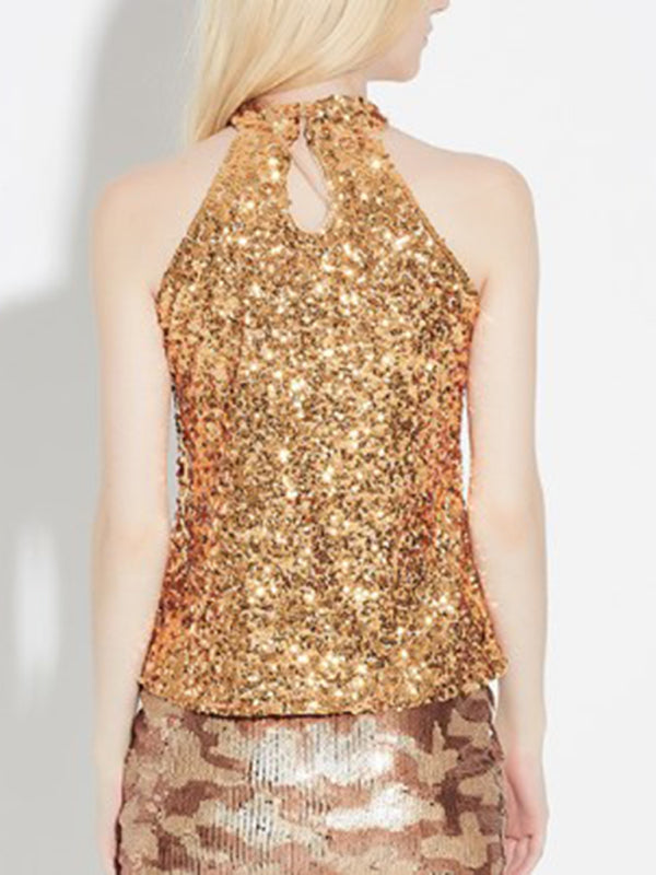 Tank Tops- Festive Night Out Sequin Tank Top | Glitter Sleeveless Halter Blouse- - Pekosa Women Clothing