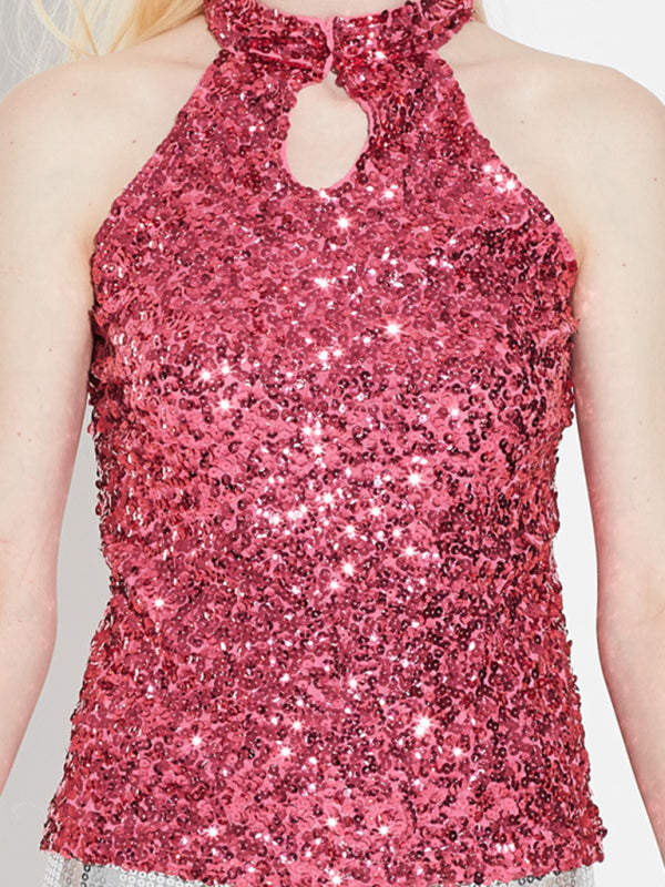 Tank Tops- Festive Night Out Sequin Tank Top | Glitter Sleeveless Halter Blouse- - Pekosa Women Clothing