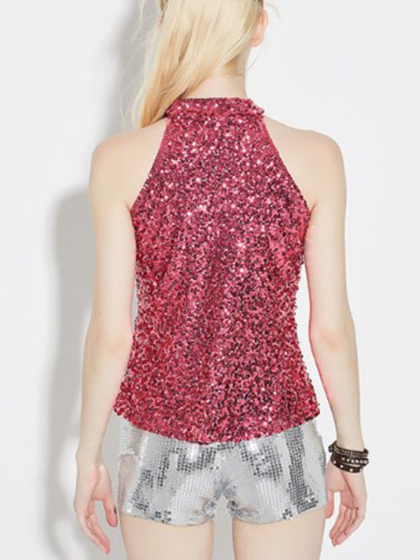 Tank Tops- Festive Night Out Sequin Tank Top | Glitter Sleeveless Halter Blouse- - Pekosa Women Clothing