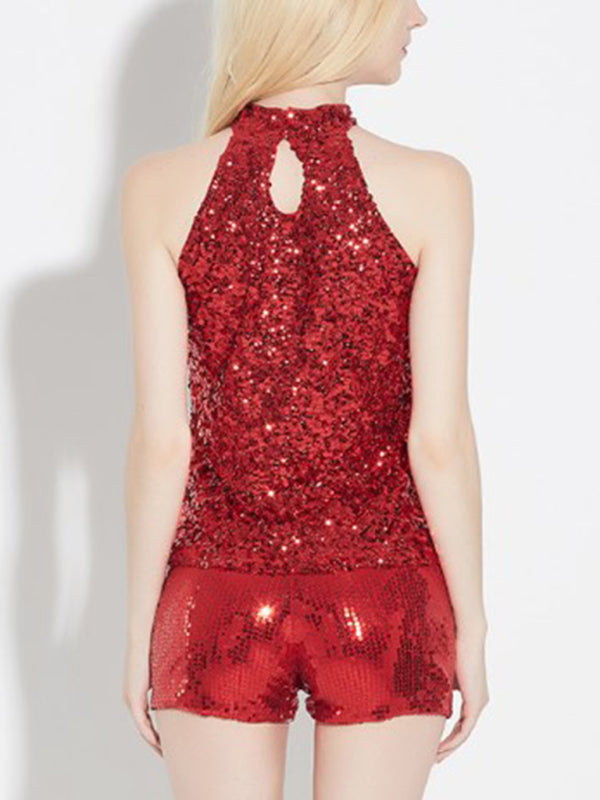 Tank Tops- Festive Night Out Sequin Tank Top | Glitter Sleeveless Halter Blouse- - Pekosa Women Clothing