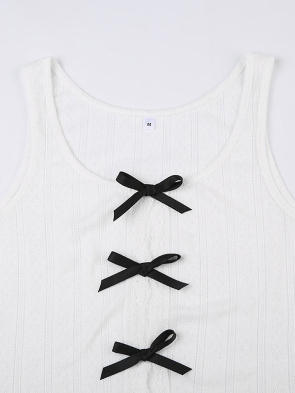 Tank Tops- Knitted Tank Top with Cutouts & Bow- - Pekosa Women Clothing