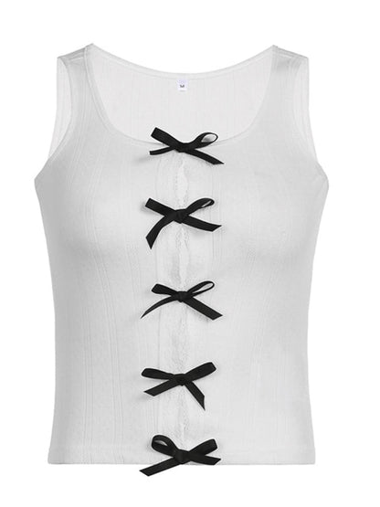 Tank Tops- Knitted Tank Top with Cutouts & Bow- - Pekosa Women Clothing