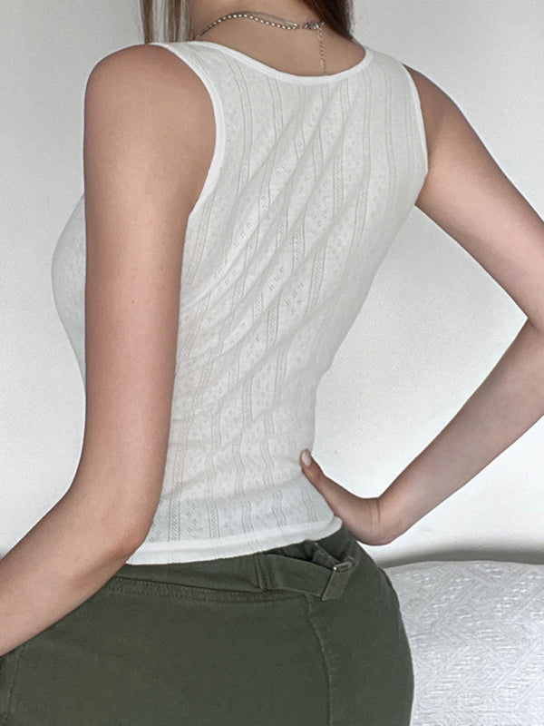 Tank Tops- Knitted Tank Top with Cutouts & Bow- - Pekosa Women Clothing