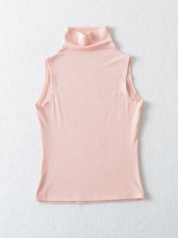 Tank Tops- Stand Collar Tank Top | Rib-Knit High Neck Sleeveless Top- - Pekosa Women Clothing