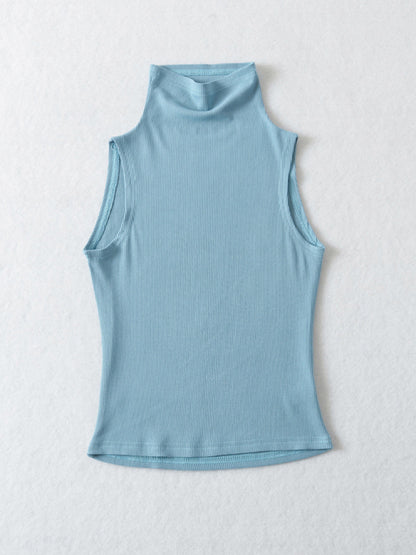 Tank Tops- Stand Collar Tank Top | Rib-Knit High Neck Sleeveless Top- - Pekosa Women Clothing