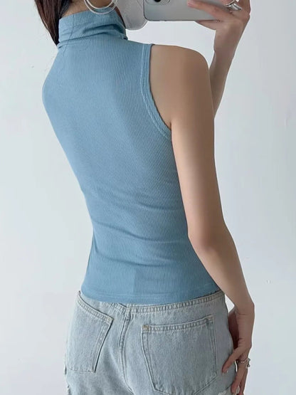 Tank Tops- Stand Collar Tank Top | Rib-Knit High Neck Sleeveless Top- - Pekosa Women Clothing