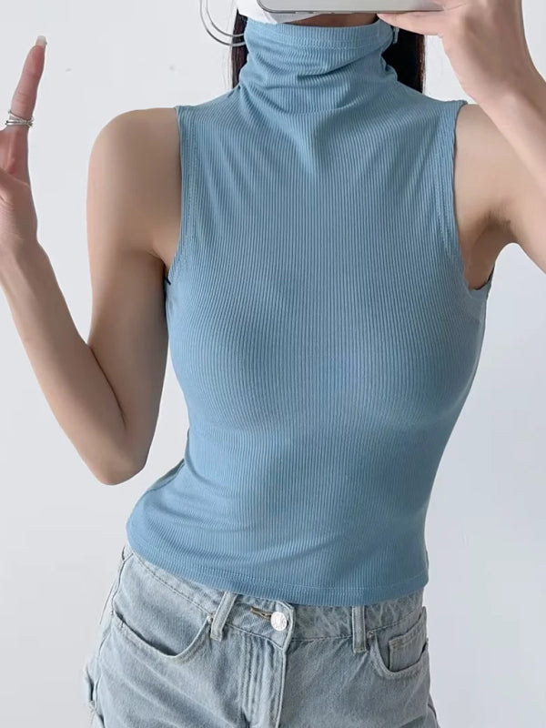 Tank Tops- Stand Collar Tank Top | Rib-Knit High Neck Sleeveless Top- - Pekosa Women Clothing