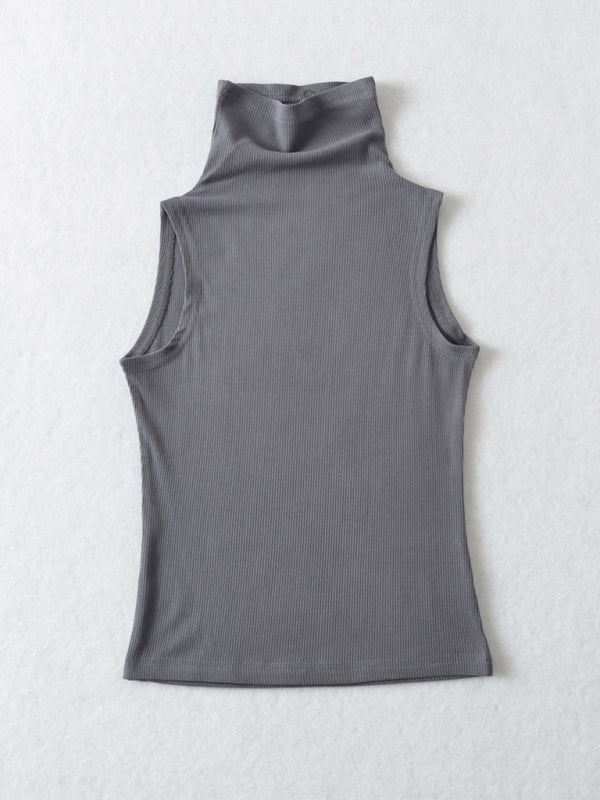 Tank Tops- Stand Collar Tank Top | Rib-Knit High Neck Sleeveless Top- Grey- Pekosa Women Clothing