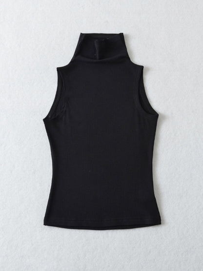 Tank Tops- Stand Collar Tank Top | Rib-Knit High Neck Sleeveless Top- Black- Pekosa Women Clothing