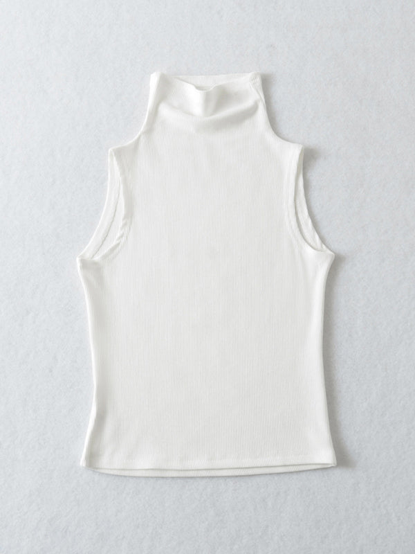 Tank Tops- Stand Collar Tank Top | Rib-Knit High Neck Sleeveless Top- White- Pekosa Women Clothing