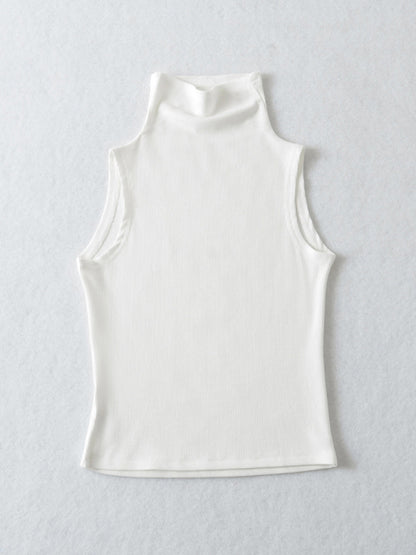 Tank Tops- Stand Collar Tank Top | Rib-Knit High Neck Sleeveless Top- White- Pekosa Women Clothing