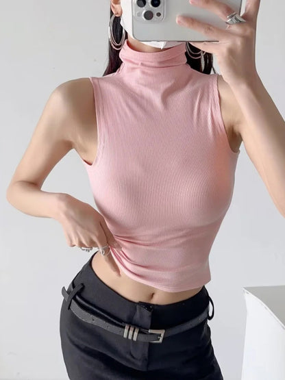 Tank Tops- Stand Collar Tank Top | Rib-Knit High Neck Sleeveless Top- Pink- Pekosa Women Clothing