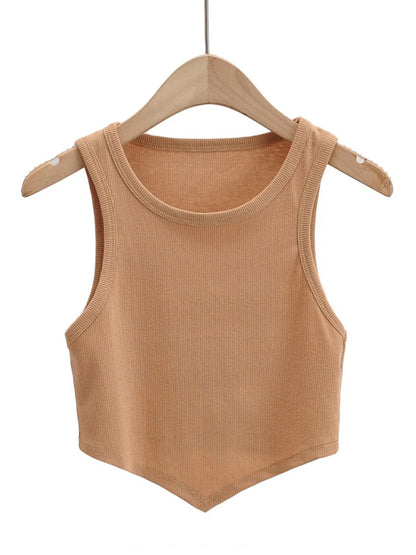 Tank Tops- Summer Must-Have: Casual Crop Tank Top in Cotton Blend- Khaki- Pekosa Women Clothing