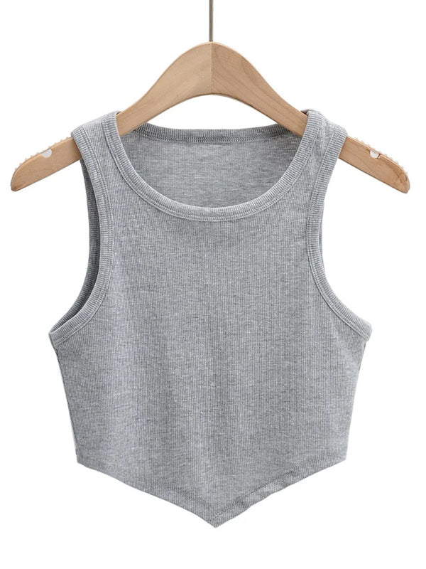 Tank Tops- Summer Must-Have: Casual Crop Tank Top in Cotton Blend- Grey- Pekosa Women Clothing