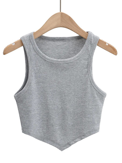 Tank Tops- Summer Must-Have: Casual Crop Tank Top in Cotton Blend- Grey- Pekosa Women Clothing